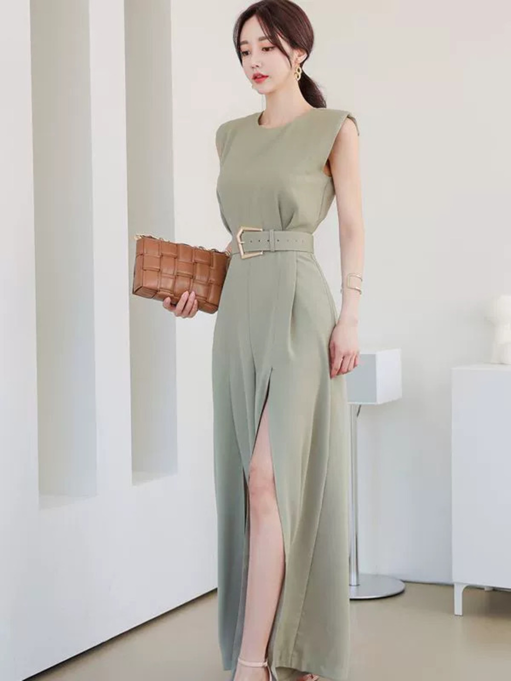 Womens Wide Leg Jumpsuit Summer Korean Style Office Chic Slim Waist Slit